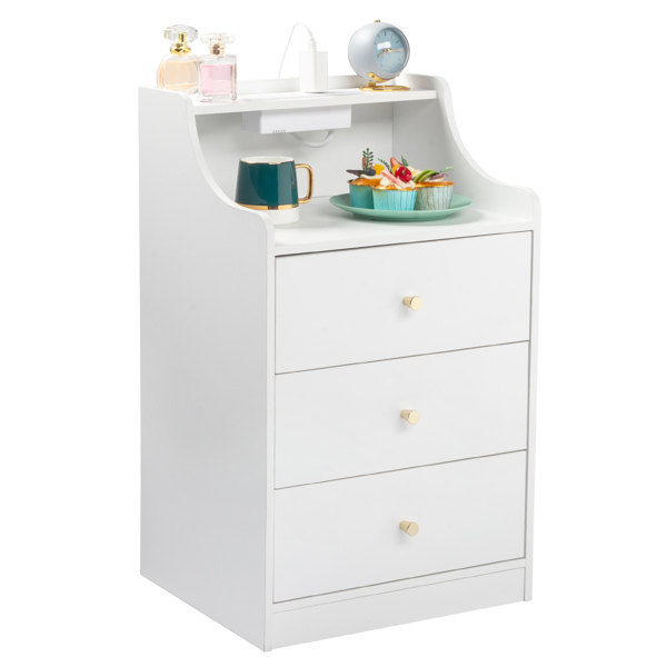 FCH white particleboard with triamine matt gold tapered handle 45*35*73cm three drawers with compartments bedside table 1 wireless + 2 USB ports + 2 US standard three-plug ports