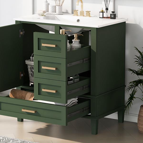 30" Bathroom Vanity in Green, Modern Bathroom Cabinet with Sink Combo Set, Bathroom Storage Cabinet with a Soft Closing Door and 3 Drawers, Solid Wood Frame