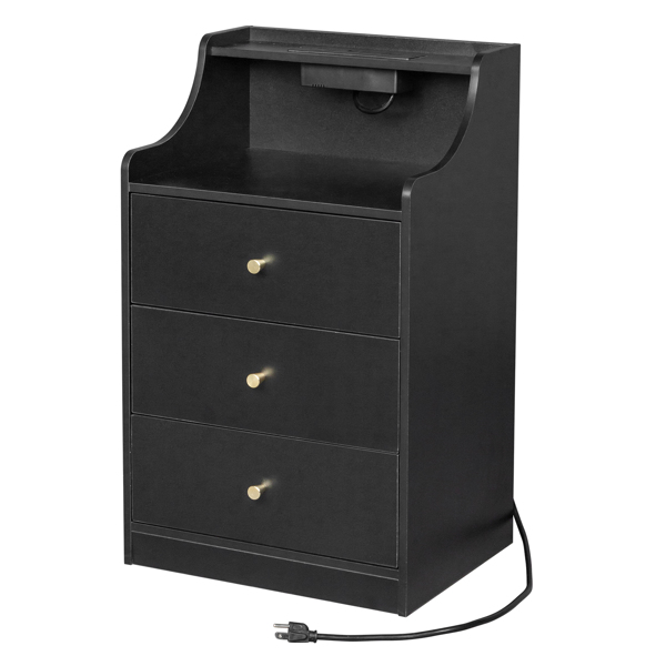 FCH black particleboard with triamine matt gold tapered handle 45*35*73cm three drawers with compartments bedside table 1 wireless + 2 USB ports + 2 US standard three-plug ports