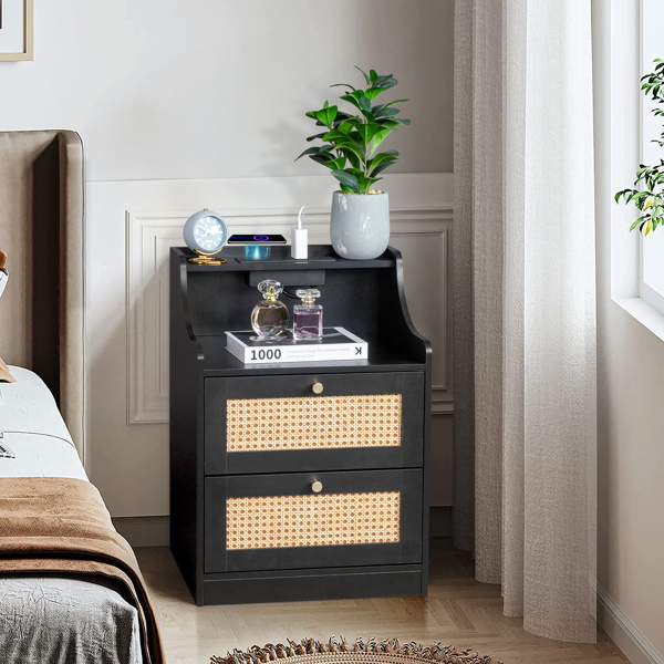 FCH black particle board with triamine matt gold tapered handle 45*35*63cm rattan two drawers with compartments bedside table 1 wireless + 2 USB ports + 2 US standard three-plug ports