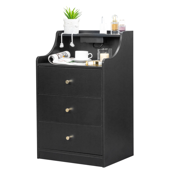 FCH black particleboard with triamine matt gold tapered handle 45*35*73cm three drawers with compartments bedside table 1 wireless + 2 USB ports + 2 US standard three-plug ports