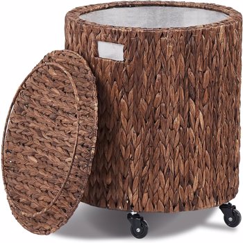 Vintage Storage Basket, Multipurpose Rolling Hamper With Brakable Wheels and Lid, Braid Laundry Bin, Handwave Clothes Toy Organizer Tote for Living Room