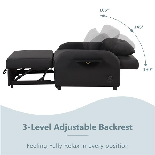 pull out sofa sleeper 3 in 1 with 2 wing table and usb charge for nap line fabric for living room recreation room Black