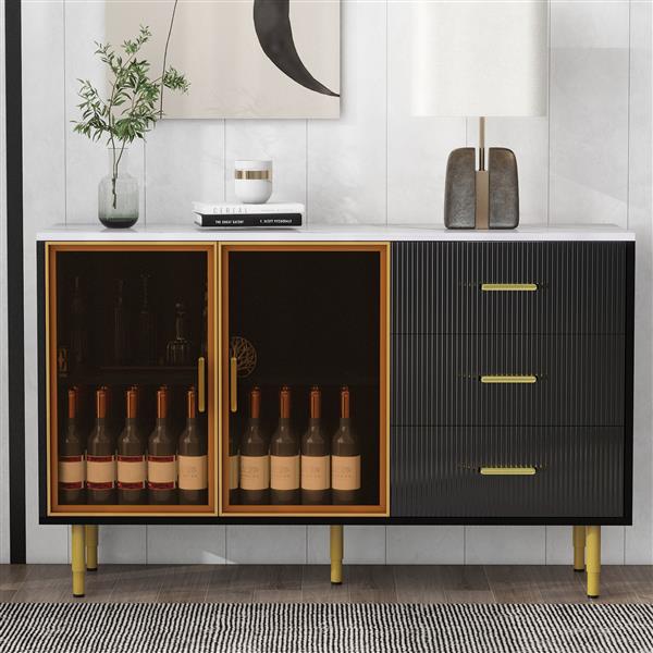 Modern Sideboard MDF Buffet Cabinet Marble Sticker Tabletop and Amber-yellow Tempered Glass Doors with Gold Metal Legs & Handles (Black)