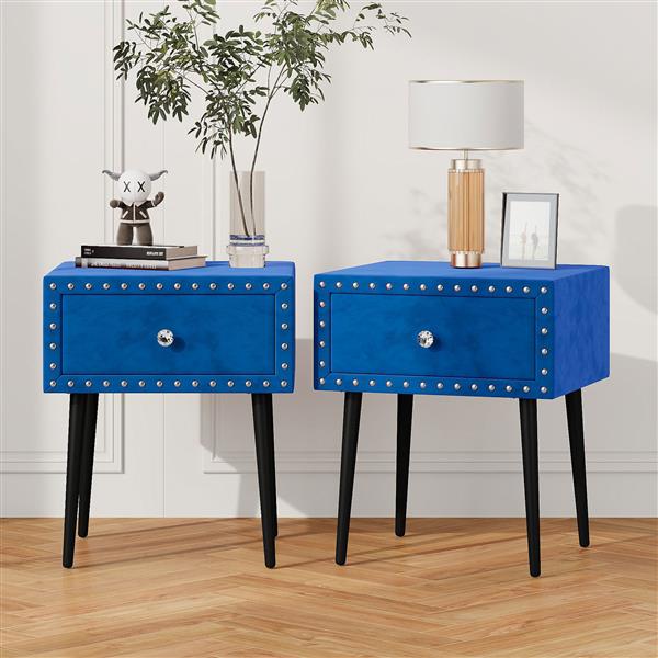 Modern Nightstands Set of 2 with Drawer and Crystal Handle, Elegant Rivet Velvet Design Bedside Table for Bedroom, Blue