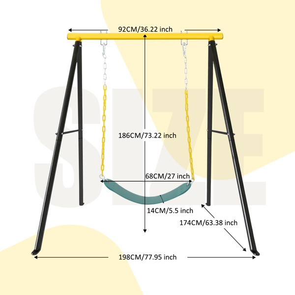 Metal Outdoor Garden Swing for Children, Porch Swing Frame, Heavy Duty A-Frame Children's Garden Swing, Swing Stand Frame for Yoga Hammock, Seat Included, Yellow