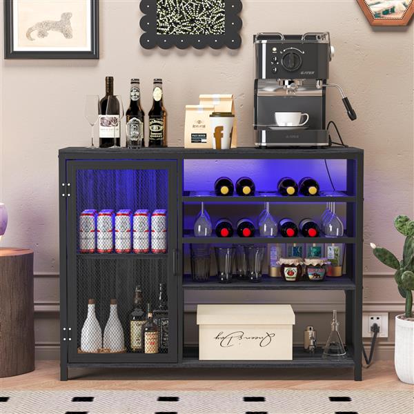 Bar Cabinet,Wine Bar Cabinet,Liquor Storage Credenza,Sideboard with Wine Racks & Stemware Holder,With UAB socket,Metal bracket,placed in family bars,hallways,living rooms,Color:Gray+Silver silk thread