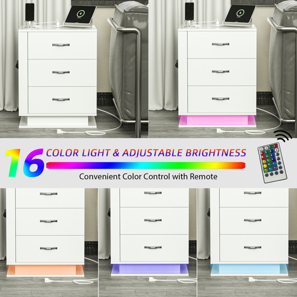 RGB LED With with Charging Station and USB Ports 3 Drawer Side Cabinet Bedside Table Nightstand Right Side White