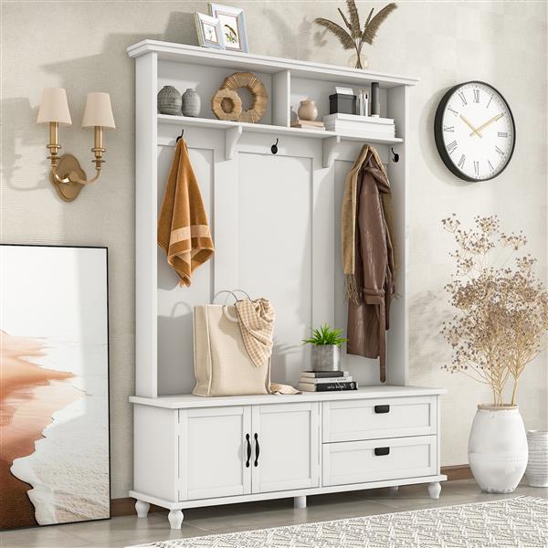 [VIDEO provided] Modern Style Hall Tree with Storage Cabinet and 2 Large Drawers, Widen Mudroom Bench with 5 Coat Hooks, White