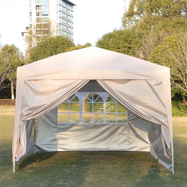 Outdoor 10x 10Ft Pop Up Gazebo Canopy Tent Removable Sidewall with Zipper,2pcs Sidewall with Windows,with 4pcs Weight sand bag,with Carry Bag-Beige