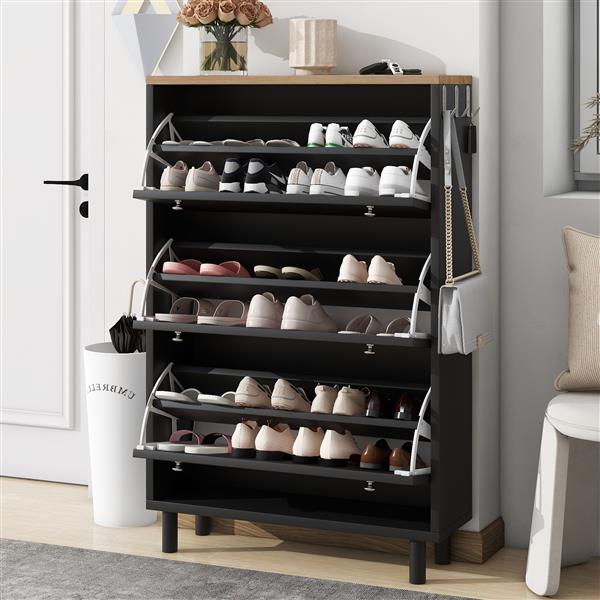 Narrow Design Shoe Cabinet with 3 Flip Drawers, Wood Grain Pattern Top Entryway Organizer with 3 Hooks, Free Standing Shoe Rack with Adjustable Panel for Hallway, Black