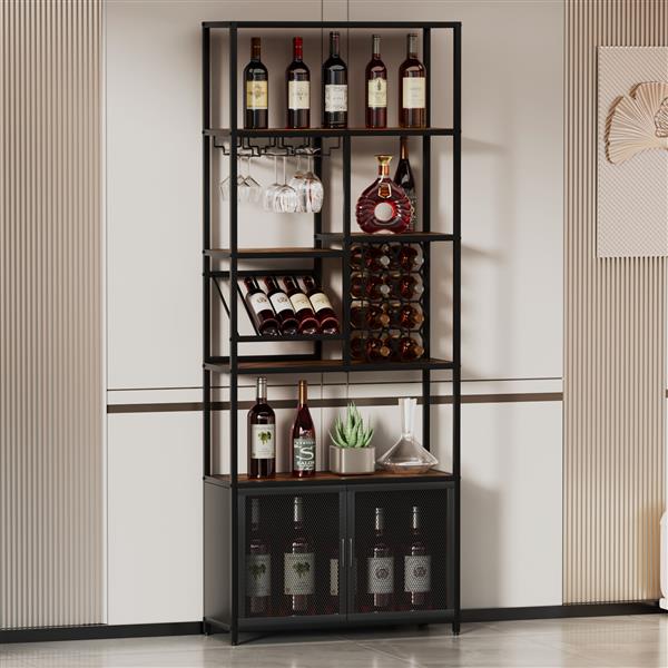 82.7" Industrial Standing Wine Rack with Glass Rack Tall  Floor Bar Cabinet