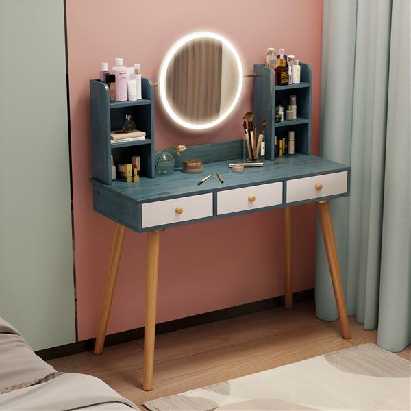 Fashion Vanity Desk with Mirror and Lights for Makeup Vanity Mirror with Lights  with 3 Color Lighting Brightness Adjustable, 3 Drawers, Blue  Color