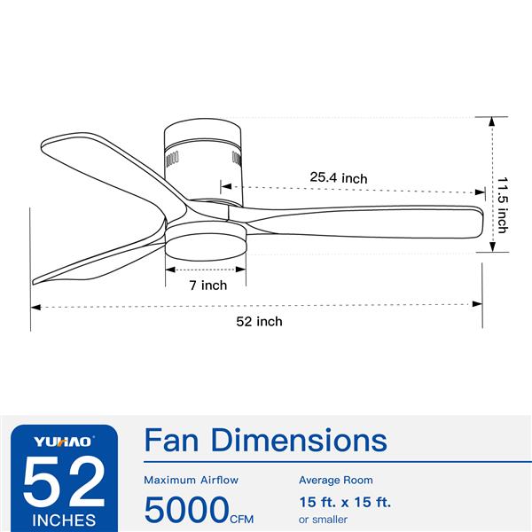 Flush Mount Ceiling Fan with Integrated LED Light in Solid Wood Blades