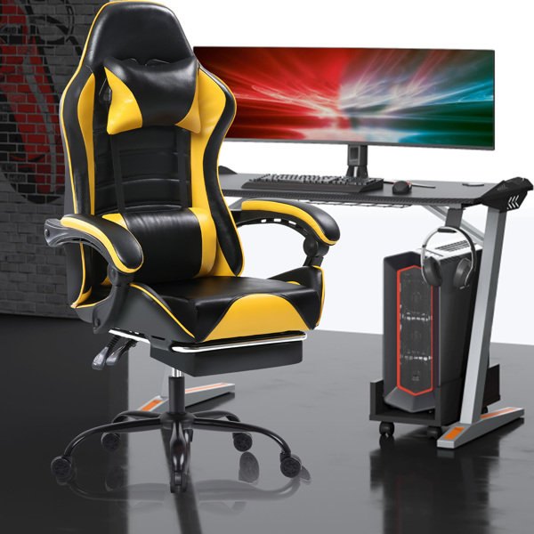 Computer Gaming Chairs with Footrest, Ergonomic Gaming Computer Chair for Adults, PU Leather Office Chair Adjustable Desk Chairs with Wheels, 360°Swivel Big and Tall Gamer Chair, Yellow