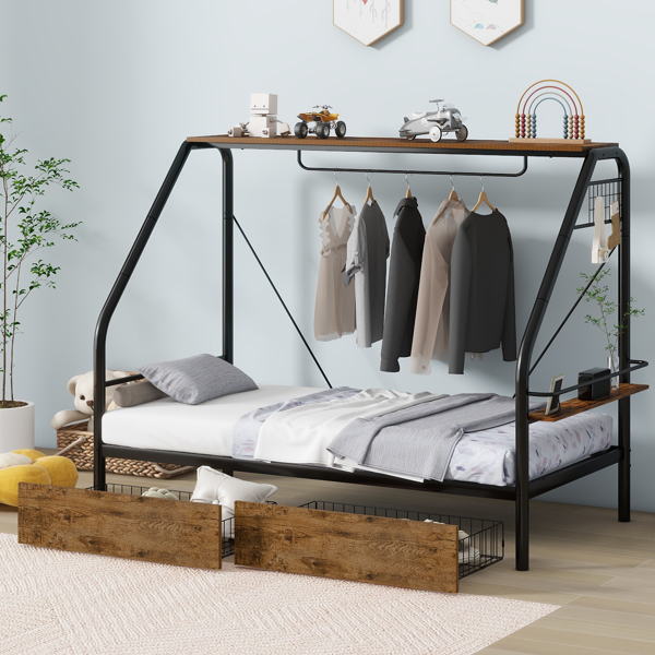 Twin Size Metal Frame Platform Bed with Clothes Rack, Storage Shelves and 2 Drawers, Black 