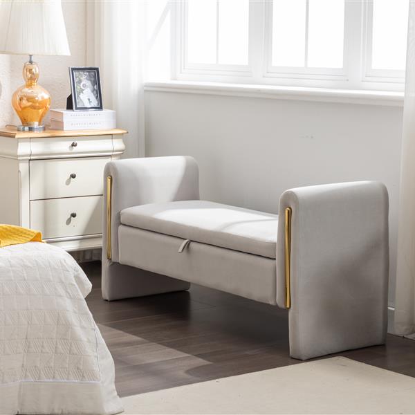 032-Velvet Fabric Storage Bench Bedroom Bench With Gold Metal Trim Strip For Living Room Bedroom Indoor,Light Gray