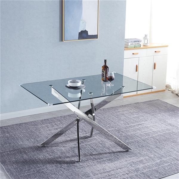 Modern Glass Table for Dining Room/Kitchen, 0.39" Thick Tempered Glass Top, Chrome Stainless Steel Base