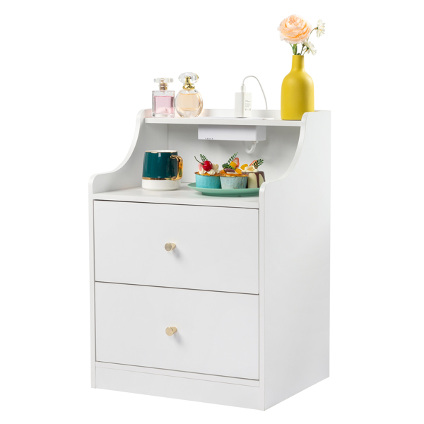 FCH White particleboard with triamine Matt gold tapered handle 45*35*63cm 2 drawers with compartments Bedside table 1 wireless + 2 USB ports + 2 US standard three-pin ports