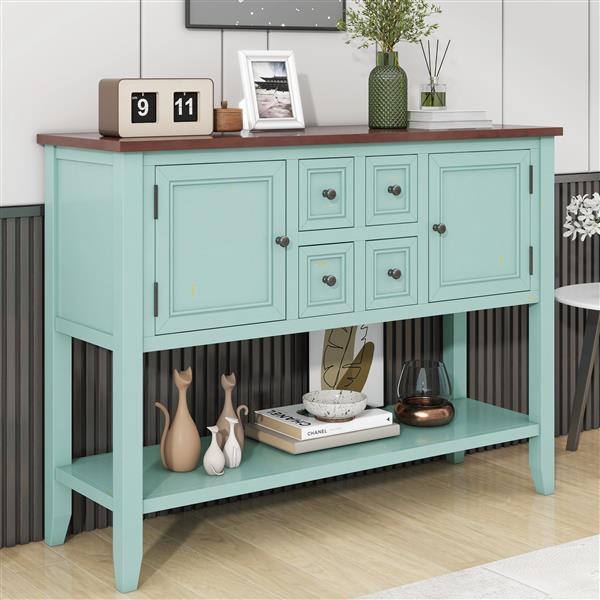 Series  Ample Storage Vintage Console Table with Four Small Drawers and Bottom Shelf for Living Rooms, Entrances and Kitchens (Retro Blue