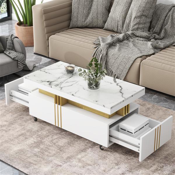 [VIDEO provided] Contemporary Coffee Table with Faux Marble Top, Rectangle Cocktail Table with Caster Wheels, Moderate Luxury Center Table with Gold Metal Bars for Living Room, White