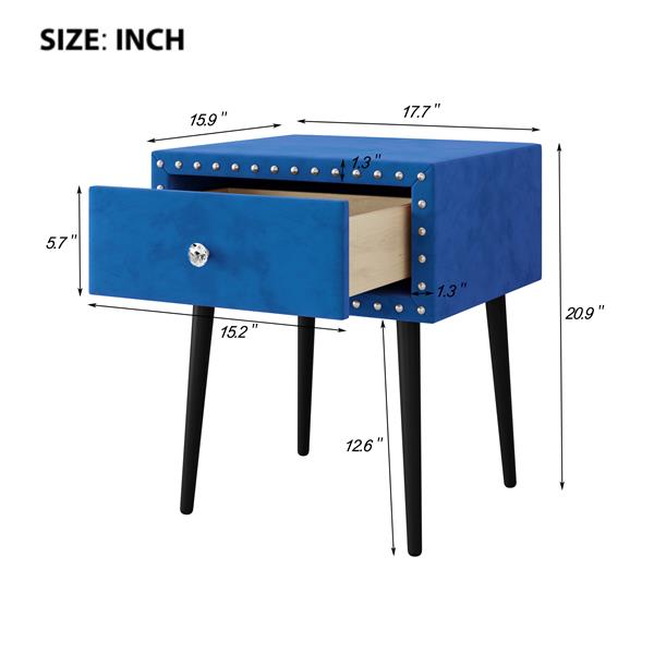 Modern Nightstands Set of 2 with Drawer and Crystal Handle, Elegant Rivet Velvet Design Bedside Table for Bedroom, Blue