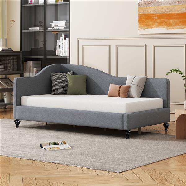 Twin Size L-Shaped Linen Daybed,with Solid Wood Legs,Gray