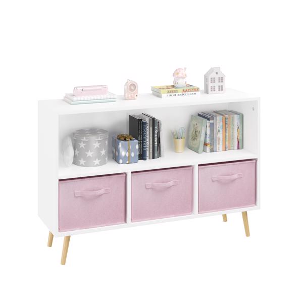 Kids bookcase with Collapsible Fabric Drawers, Children's Book Display, Toy Storage Cabinet Organizer, White/Pink