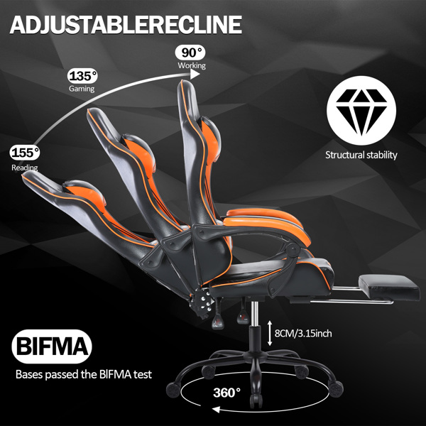 Computer Gaming Chairs with Footrest, Ergonomic Gaming Computer Chair for Adults, PU Leather Office Chair Adjustable Desk Chairs with Wheels, 360°Swivel Big and Tall Gamer Chair, Orange