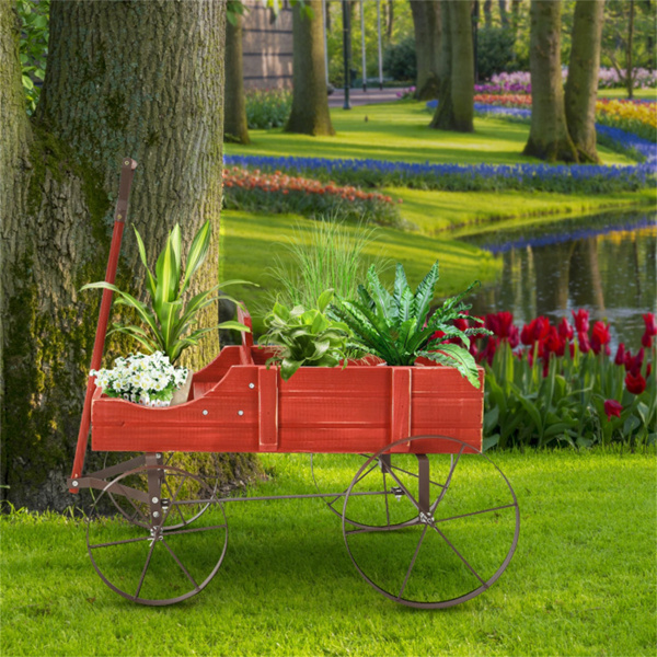 Wooden plant frame with wheels, red planting pot