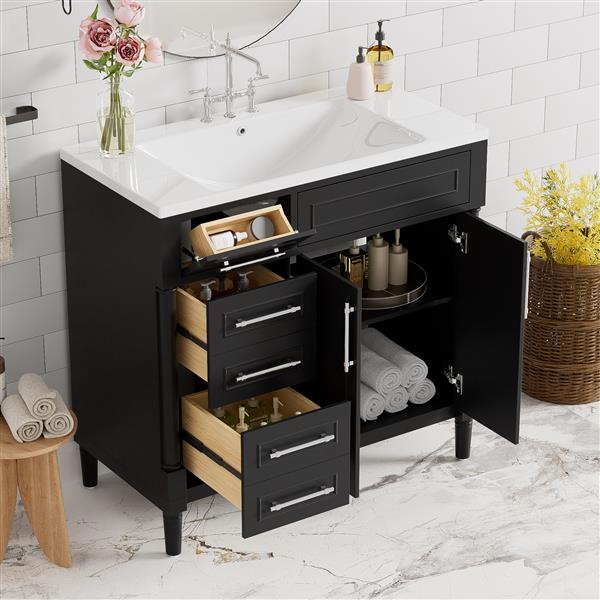 36'' Bathroom Vanity with Top Resin Sink,  Bathroom Storage Cabinet with 2 Drawers and a Tip-out Drawer, Solid Wood Frame Vanity Set, Height Adjustable Shelf