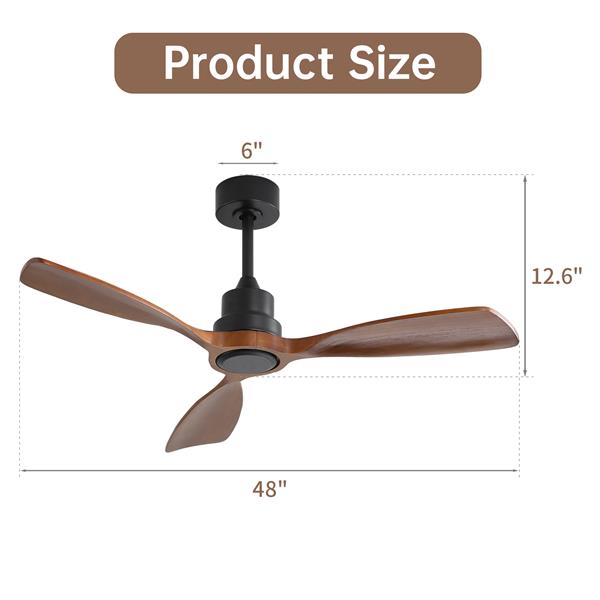 48 Inch Ceiling Fan Without Light, 3 Solid Wood Blades Outdoor Ceiling Fan 6-speed Reversible DC Motor for Living Room