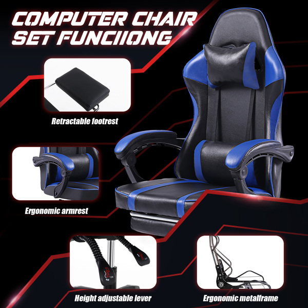 Video Game Chairs for Adults, PU Leather Gaming Chair with Footrest, 360°Swivel Adjustable Lumbar Pillow Gamer Chair, Comfortable Computer Chair for Heavy People, Blue