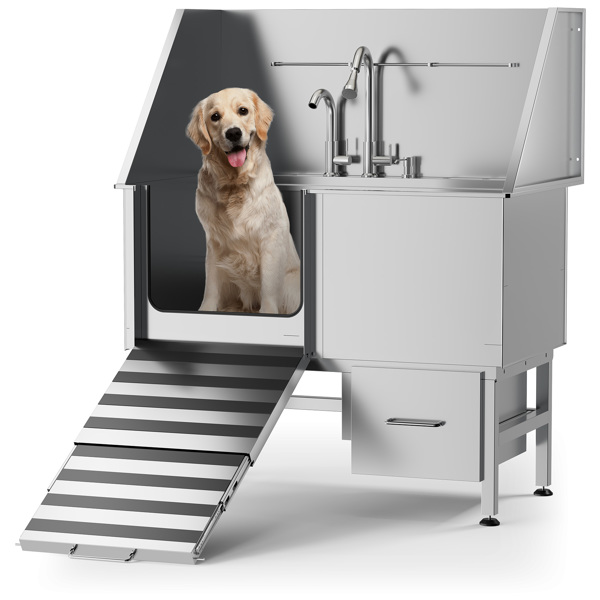 Professional Stainless Steel Dog Bathing Station - Dog Grooming Tub Storage Drawer, Floor Grate & Faucet/Dog Bathtub for Large,Medium & Small Pets - Dog Washing Station for Home (50")