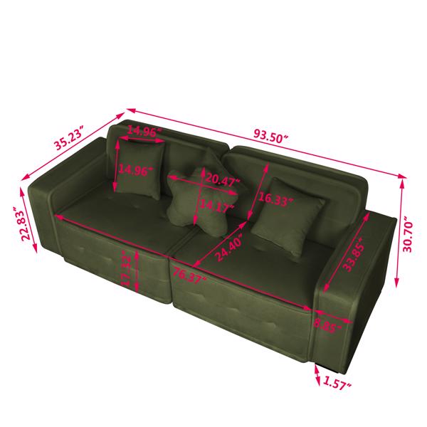 Green, Velvet cloth Modern Indoor Sofa With Three Pillows, 93.50"*35.23"*30.70"