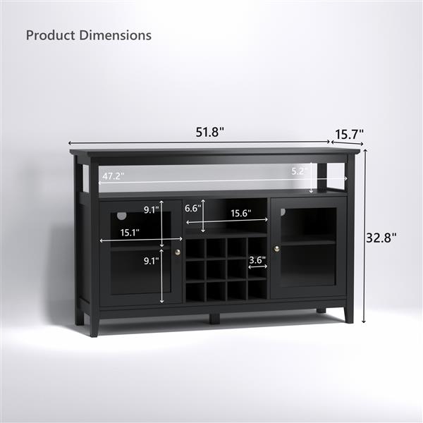 Storage Buffet Cabinet/Sideboard/TV Console with Glass Doors, Black