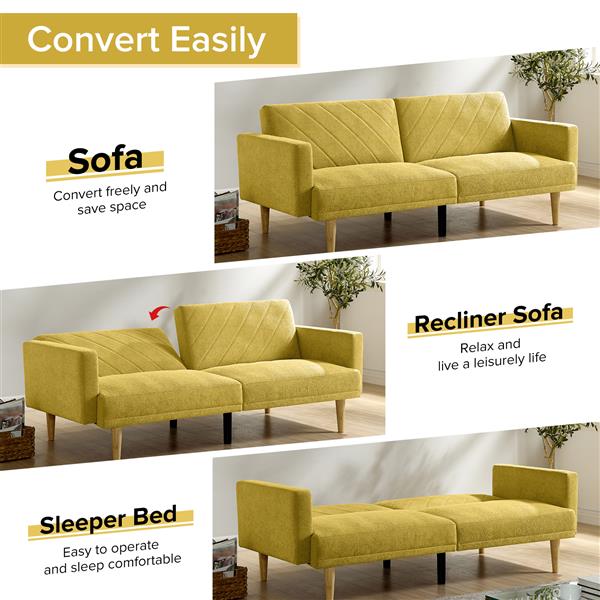 Multi-Functional Futon Sofa Bed :Tapered Wood Legs - Ideal for Small Living Rooms - Multi-Color Fabric Options - Easily Converts to Single Bed, Yellow