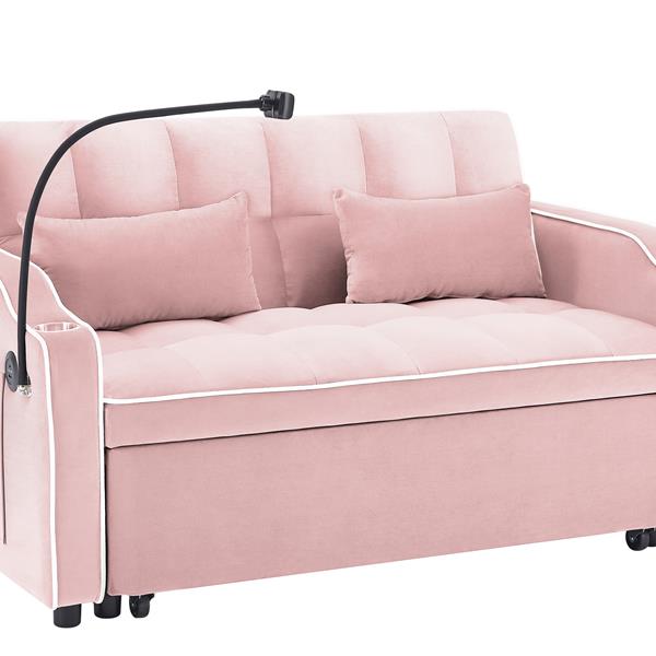 1 versatile foldable sofa bed in 3 lengths, modern sofa sofa sofa velvet pull-out bed, adjustable back and with USB port and ashtray and swivel phone stand (pink)