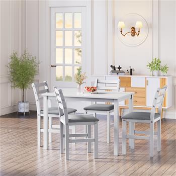 5PCS Stylish Dining Table Set 4 Upholstered Chairs with Ladder Back Design for Dining Room Kitchen Gray Cushion White