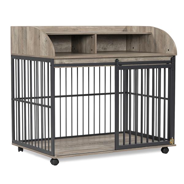 44'' Heavy Duty Large Dog Crate Furniture for Large Medium Dog with Lockable Wheels, Wooden Dog Crate Dog Kennel, End Table Crate with Double layer storage, Gray