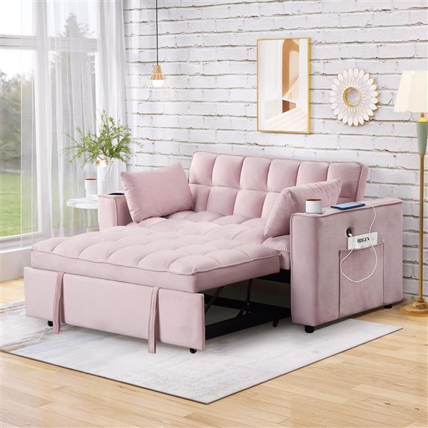 55.3" 4-1 Multi-functional Sofa Bed with Cup Holder and USB Port for Living Room or Apartments Pink