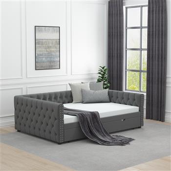 Daybed with Trundle Velvet Upholstered Tufted Sofa Bed, with Button and Copper Nail onSquare Arms,Full Daybed & Twin Trundle-  For Bedroom, Living Room, Guest Room,(83\\"x57\\"x26\\")