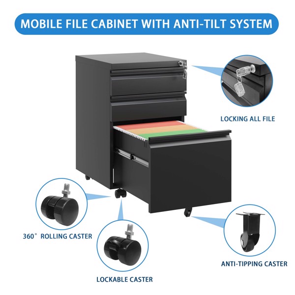 3 Drawer Mobile File Cabinet with Lock,Metal Filing Cabinets for Home Office Organizer Letters/Legal/A4,Fully Assembled,Black