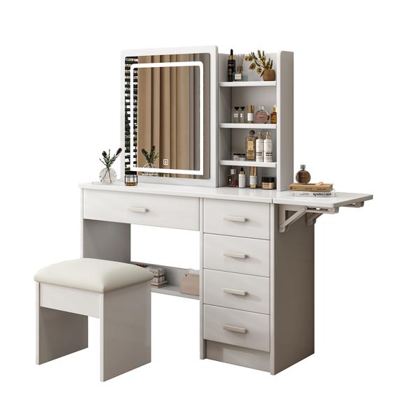 Fashion Vanity Desk with Mirror and Lights for Makeup with open shelves and Chair, Vanity Mirror with Lights and Table Set with 3 Color Lighting Brightness Adjustable, 5 Drawers, White Color