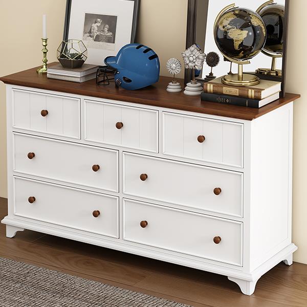 Wooden Captain Seven-Drawer Dresser for Bedroom, Living Room, Kids' Room, White+Walnut