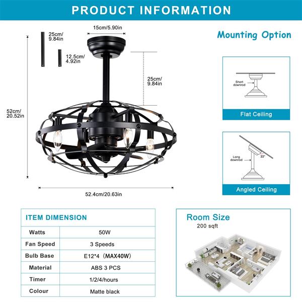 Hot Sell Industrial Ceiling Fan Light Kit for Living Room Bedroom Kitchen and Bladeless Caged Ceiling Fan with Lights