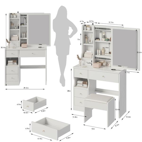 Small Space Left Drawer Desktop Vanity Table + Cushioned Stool, Extra Large Right sliding mirror, Multi Layer High Capacity Storage, Practical Fashionable Dresser, Suitable for Girls Up To 5.6ft Tall