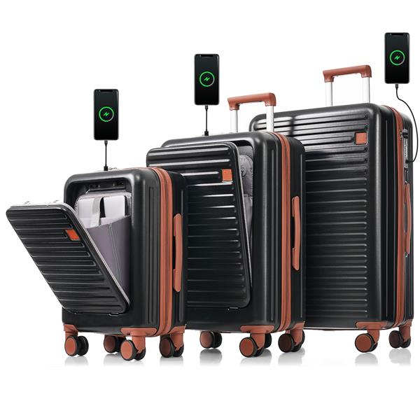 Luggage Set of 3, 20, 24, 28inch with USB Port, 20, 24inch with front opening design Airline Certified Carry on Luggage with Cup Holder, ABS Hard Shell Luggage with Spinner Wheels, black and brown