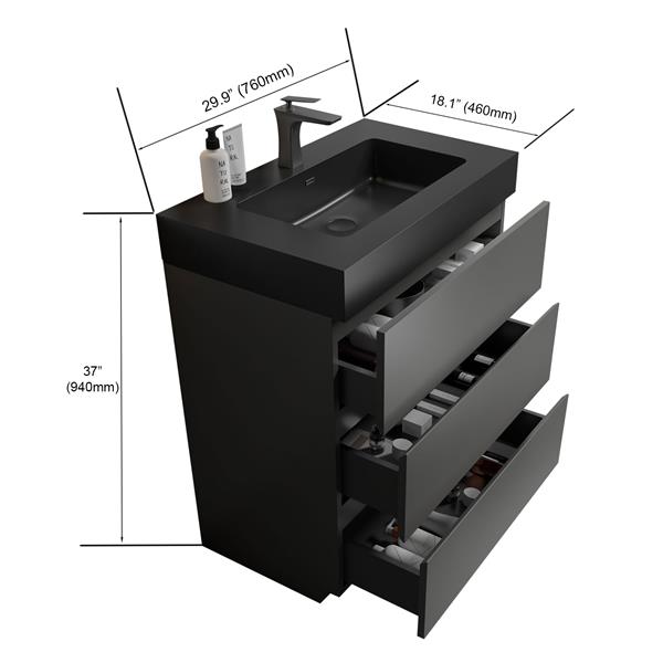 30" Gray Bathroom Vanity with Sink, Large Storage  Bathroom Vanity for Modern Bathroom, One-Piece Black Sink Basin without Drain and Faucet