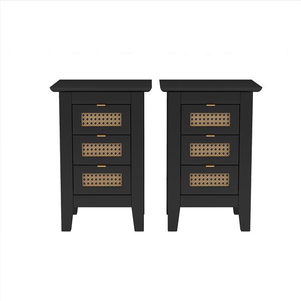 Wooden Nightstands Set of 2 with Rattan-Woven Surfaces and Three Drawers, Exquisite Elegance with Natural Storage Solutions for Bedroom, Black